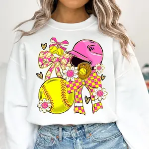 Softball Coquette Bow Sweatshirt T-Shirt, Floral Softball Game Day Shirt, Softball Mama, Softball Mom, Checkered Softball Bow Tee, Gift For Her