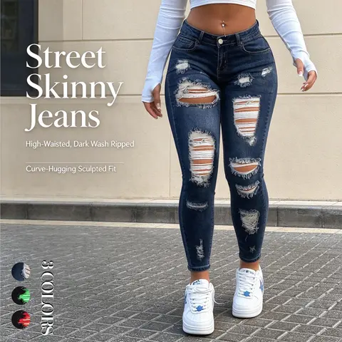 Stylish Women's Fashion Denim Bottoms, Women's High-Waisted Distressed Skinny Denim Jeans - Dark Wash Ripped, Curve-Hugging Slim-Fit Bottoms with Pockets, Y2K Streetwear for Casual Going Out