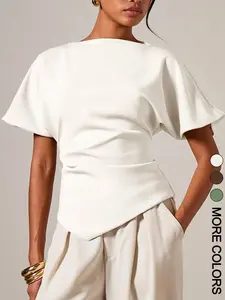 1 Piece Boat Neck Ruched Waist Asymmetric Blouse for Women, Dolman Short Sleeve Slim Fit Wrap Hem Top, Stretchy Breathable Fabric, Figure Flattering Casual Blouse for Work Office Daily Wear Going Out