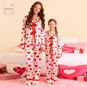 Mommy Daughter Valentines Matching Pajamas Cute Heart Printed Bow Tie Long Sleeve Tops with Pants 2Pcs Sleepwear