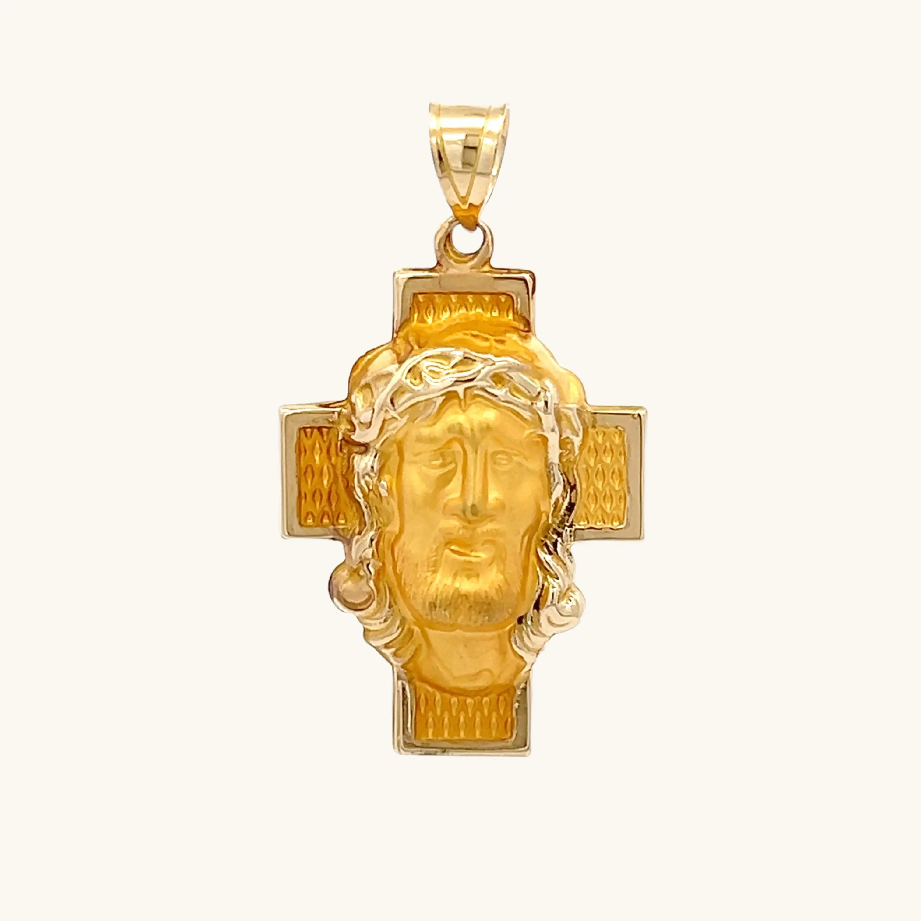 14K YELLOW GOLD LARGE CHRIST HEAD CROSS PENDANT