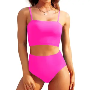 Tempt Me Women Bandeau Bikini Set Strapless Swimsuits High Waisted Two Piece Swimsuit Longline Bathing Suits with Full Coverage Bottom