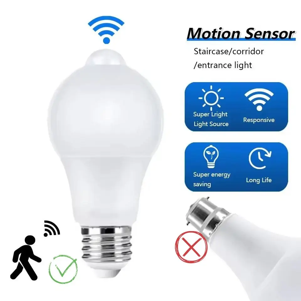Human Motion Sensor LED Light Bulb, Smart Detection, Long Life, Energy Saving, Responsive, 3 Models Available, 9w/12w/15w, Wide Voltage 85-265v E27 Base, Suitable for Hallway, Stairs, Warehouse, Energy Saving Lighting