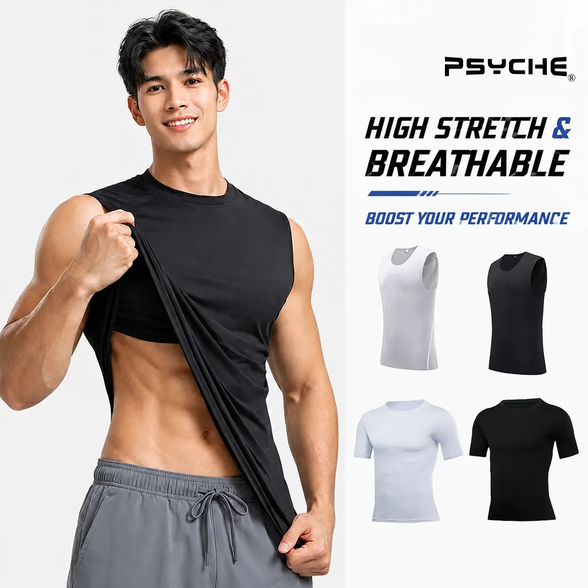 PSYCHE Men Short Compression Shirt Quick Dry Moisture Wicking Athletic Undershirt Muscle Fit Gym Running Workout Base Layer Sports Tee Jersey