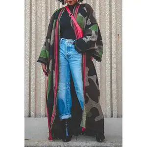 Autumn and winter women's large shawl scarf with military green camouflage and red stripes, thickened warm fabric, suitable for daily wear, commuting, and outdoor activities.