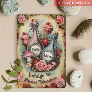 1pc Sweet Wonderland Cupcakes & Potions Metal Sign - Vintage Floral Iron Wall Decor 8x12 Inch, 2D Flat Print with 3D Visual Effect, Whimsical Bakery & Tea Room Art