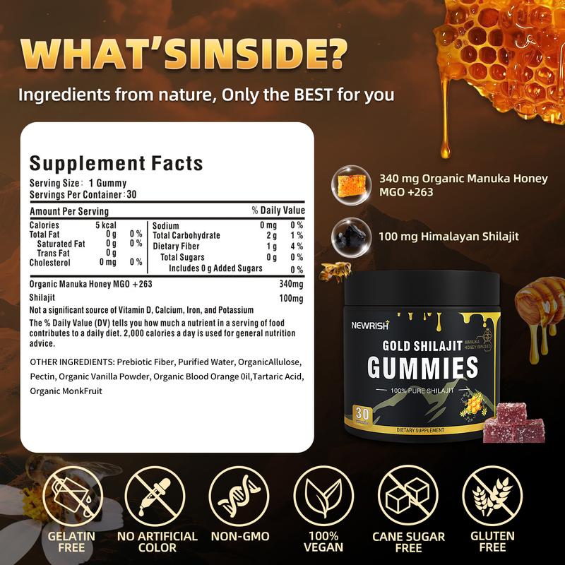 Newrish Gold Shilajit Gummies - 100% Natural & Organic - 30 Gummies with Manuka Honey Fulvic Acid & 85+ Trace Minerals for Enhanced Athletic Performance - Fitness