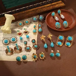 Vintage Turquoise Statement Earrings Set S925 Chunky Huggie Stud Dangle Styles Luxury Retro Design Perfect for Casual Looks Viral Jewelry for Girls