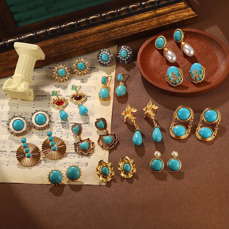 Turquoise Hoop Earrings for Women, Chunky Vintage Style Gold-Plated Huggies with Hypoallergenic S925 Silver Post, Comfortable Circle Statement Jewelry, Plug, Daily, Copper Alloy