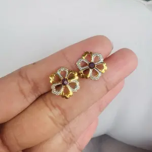 Flower Ear Stud for Women in Gold Tone Elegant Design with Central Gemstone Accessory