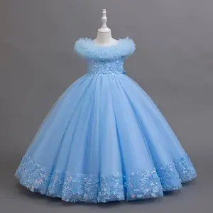 Girls' net gauze evening dress, long and elegant, birthday party flower girl wedding dress, catwalk, piano performance