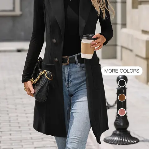 Women's Solid Color Button Decor Lapel Neck Suede Vest Blazer, Chic Elegant Casual Style Sleeveless Open Front Longline Outerwear with Pockets for Spring & Fall, Ladies' Clothes for Daily Wear
