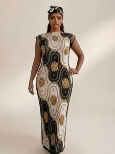 Women's Elegant Floral Chain Design Robe Set, Multicolor Shawl Dress + Headscarf Scarf, Beach Sun Protection Satin Silk Wrap, Lady