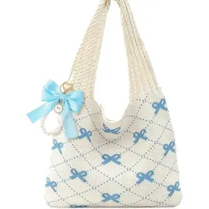 Medium city tote bag Women's Oversized Polyester Fiber Crochet Hobo Bag - Bow Motif, Shoulder Straps, Mesh Knitted Design, Slip-On Closure, Coquette Boho Aesthetic for Beach Use Large Capacity Tote bag