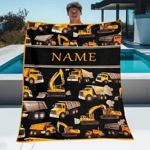 Custom 1pc Blanket Featuring Construction Vehicles, Perfect for Personalizing with a Name,Lightweight Bedding Accessory,Ideal for Sofas, Beds, Travel, Camping And Various Living Spaces,Made from Soft And Warm Fabric with Digital Printing.