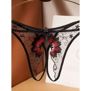 Delicate Floral Embroidered Mesh Thong Lingerie - Seductive Open Crotch & Ultra-Sheer Design - Breathable Womens Intimate Wear for Special Occasions 2025 Women's Lingerie & Underwear Fabric Lace Womenswear Black Spandex