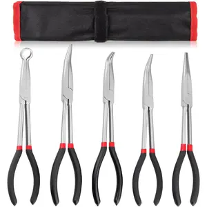 5Pcs Bent Nose Pliers 11 Inch Extra Long Needle Nose Pliers Set, Straight, 25°/45°/90° Bent, Circle Nose for Narrow Spaces, Hard to Reach Areas & Precision Work