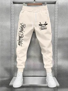 Men's Christmas Reindeer Print Fleece Pants, Casual Drawstring Sports Long Pants, Perfect Gift for Boyfriend, All Seasons