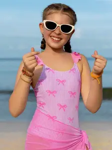New Bowknot Printed Halter One-Piece Swimsuit, European Style Big Girls Swimwear, Sleeveless Two-Piece Beach Swimming Suit