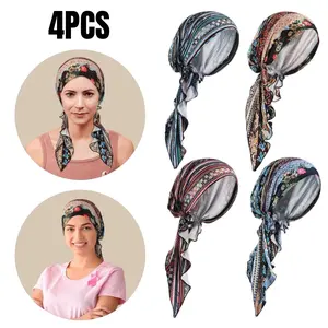 Women's 4Pcs Set Chemo Headwear - Pre-Tied Cancer Caps, Head Scarf Turbans, Beanie Skull Covers for Patients, 10.5 Inches, 21.7-23.7 Inches Fit, All Seasons Gifts
