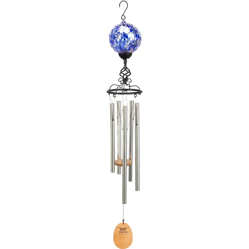 Panacea Products 80113 40 in. Symphony Solar Light Wind Chimes, Decorative Glass Ball, Silver-Blue, Matte Black Accents, 2.07 lbs, Day and Nighttime Use, Case of 4
