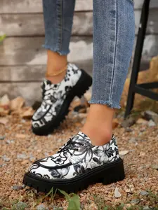 Autumn Winter Women's British Style Flat Loafers, Round Toe Lace-Up Design, Ink Painting Color, Anti-Slip Thick Sole Comfort Fall Casual Shoes