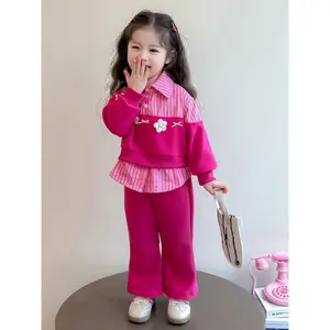 (New)[2-in-1 Look 2pcs Set] Girl's Three-Flower Decorative Set Spring/Autumn Style Baby Girl 2-in-1 Look Sweatshirt Spring Outfit Little Girl Casual 2pcs Set, Perfect for Outdoor(Gift)11