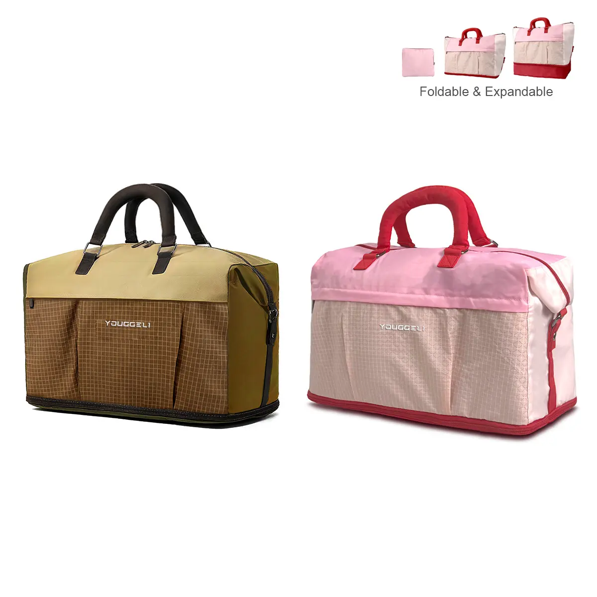 Travel Souvenir Bag Expandable 38L Large-Capacity Fashion Travel Bag – Foldable Design, Suitable for Weekend Getaways / Business Trips / Gym & Sports Bag, Carry-On Compatible; Pink & Brown Color , Equipped with Comfortable Handles for Easy Storage.