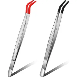 2 Pieces Tweezers Curved Bent Tip Tweezers with Rubber Silicone Tips PVC Coated Non Marring Soft Long Rubber Stainless Steel Tools for Jewelry Crafts(Red, Black)