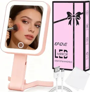 Portable LED makeup mirror with 3 color temperature modes and touch dimmable control, perfect for travel, desk and bathroom use.