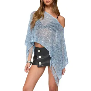 Sheer Poncho Top Glitter Mesh Lightweight Knit Crochet Shrug Batwing Sleeve Sweater Cover Up Beachwear