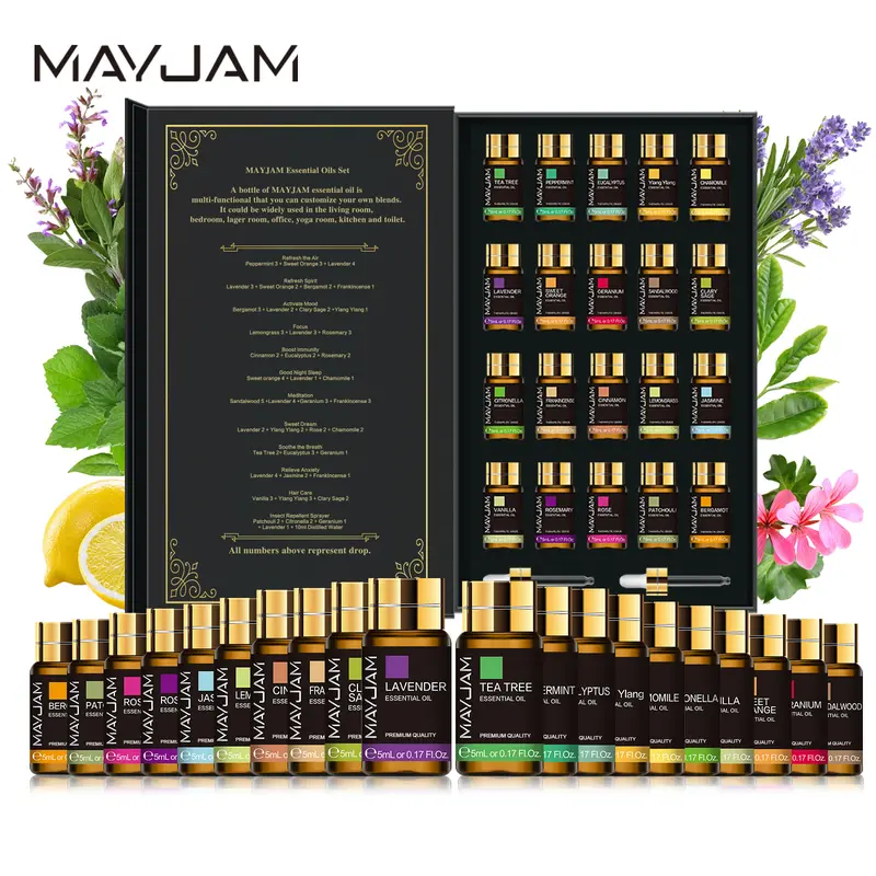 MAYJAM 20pcs Alcohol-Free Aroma Diffuser Oil Set - Scented Oil Fragrance Refills with Woody Floral, Earthy, Minty Fresh, Vanilla, Lavender, Clary Sage, Jasmine, Bergamot Scents for Home Fragrance Decor, Home Aromatherapy, DIY Projects