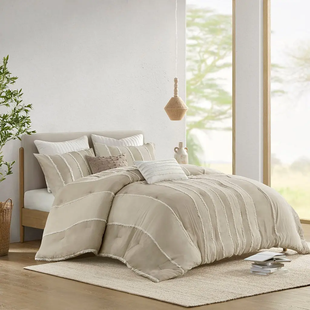 INK & IVY II10-1324 Striped Bedding Set - 3-Piece Shay Hypoallergenic Cotton Comforter, Taupe, Full&Queen Size, Relaxing Look, 90x92x1.5 in, Bedding Sets Collections