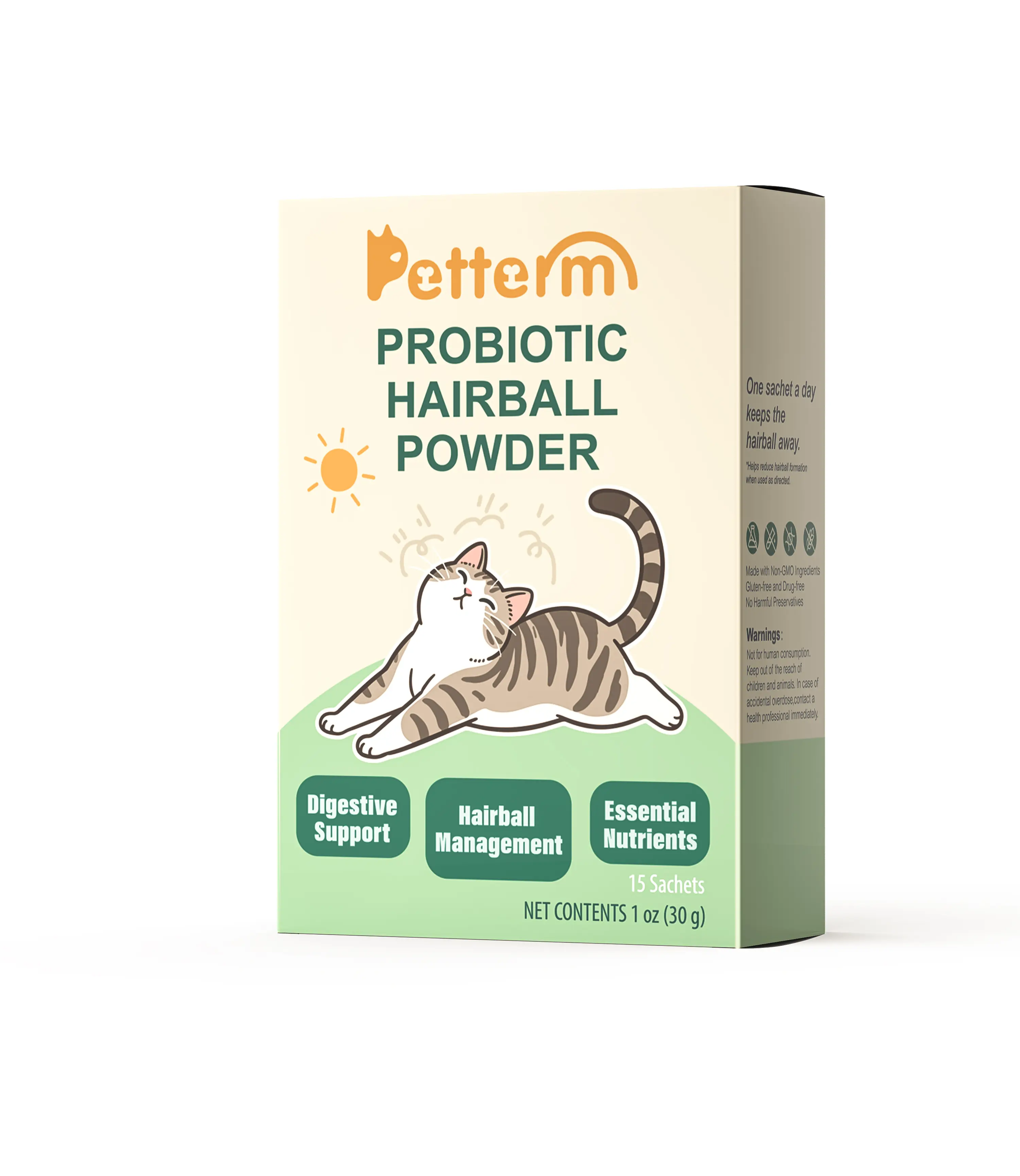 PETTERM Probiotic Hairball Control Powder - 30g Chicken Flavor, 15 Single-Dose Sachets, Gut Healthy Enzyme Enhanced Cat Digestive Remedy with Marshmallow Root, Slippery Elm Bark, Inulin for Hairball Relief & Prevention