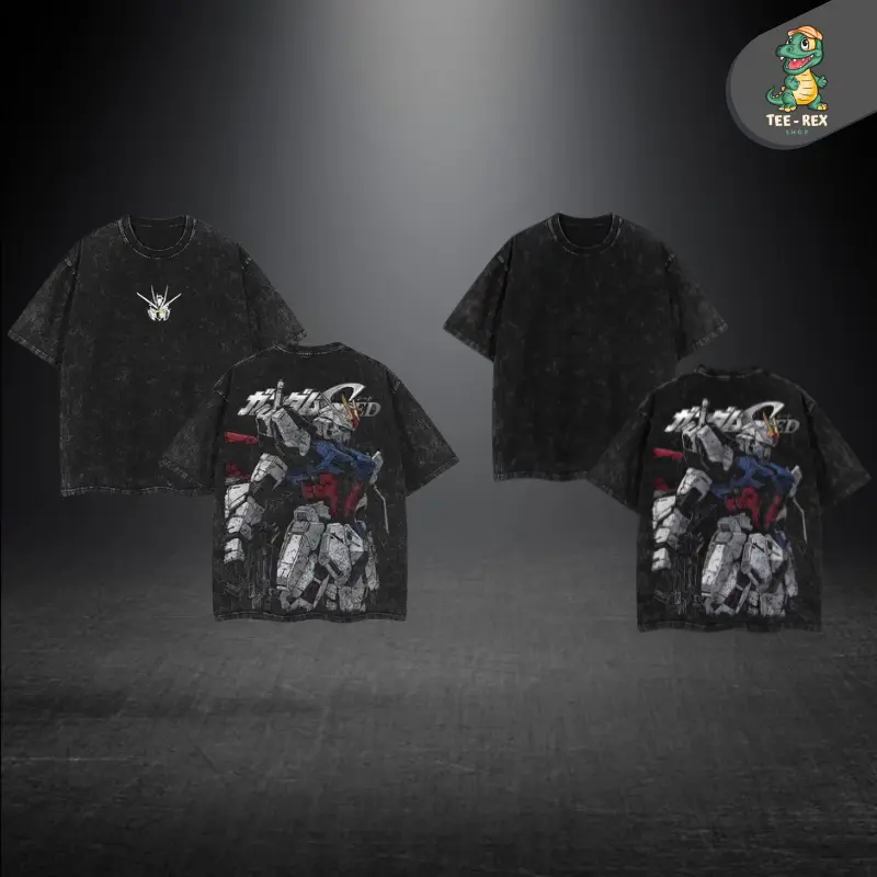 RX-78-2 Gundam,RX-0 Unicorn Gundam,Zaku II (MS-06), Gundam SEED,Astray Red Frame, Gundam Barbatos, RX-160S-2 Sinanju Stein (Ver. Ka) - Mobile Suit Gundam Anime Double Printed Vintage Washed Tee Unisex Oversize Anime Manga Washed Heavyweight Cotton T-shirt