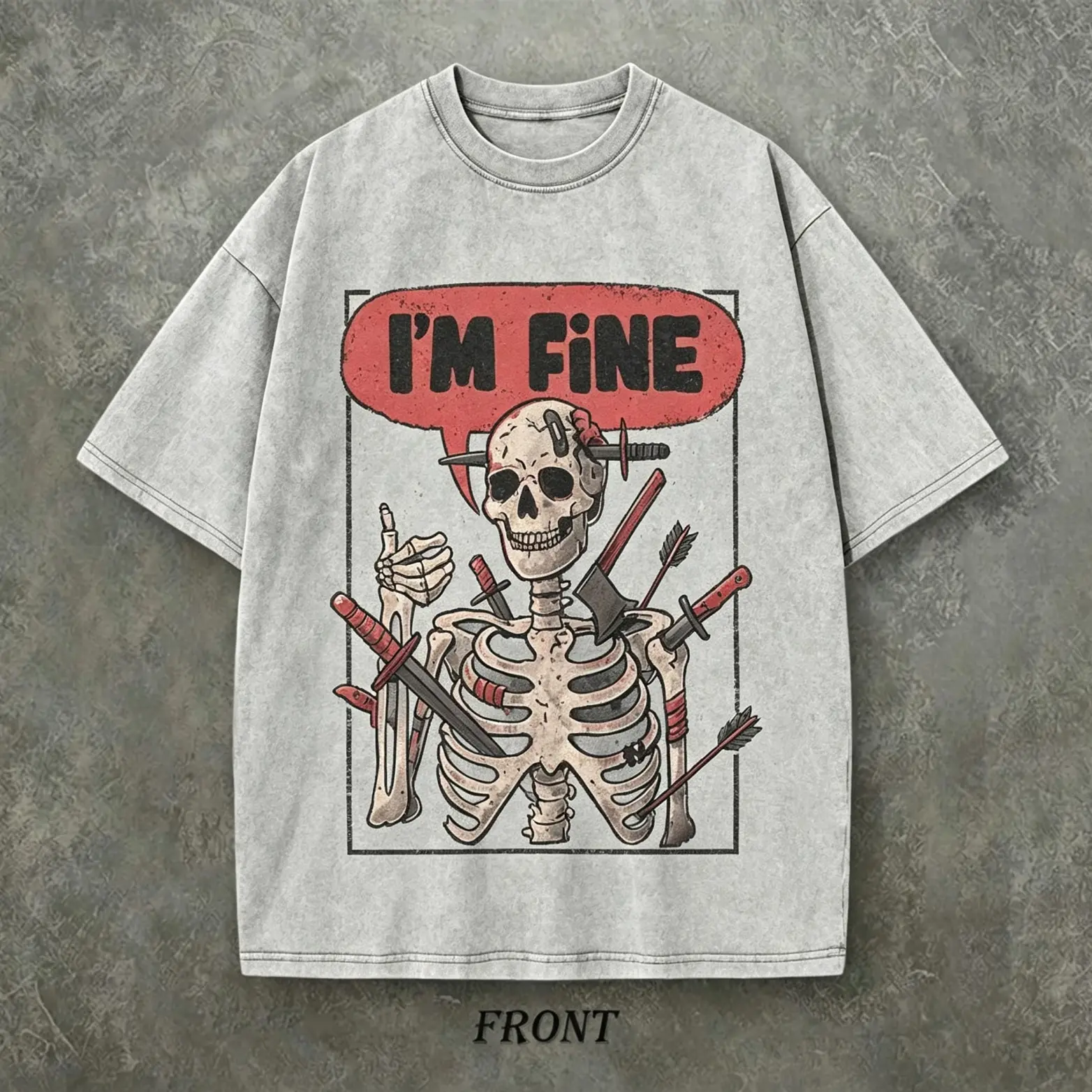 Vintage Washed "I'm Fine" Skeleton Graphic T-Shirt, Funny Sarcastic Meme Tee, Heavyweight Oversized Streetwear Pullover, Spooky Humor Gift