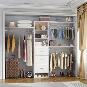 Cyclysio Wooden Wardrobe Closet Organizer – 3 Shelving Towers, Sturdy Walk-In Closet Organization, Tall Vertical Space Saver with 3 Drawers, Built-In Garment Rack, Modern Design White Storage Armoire