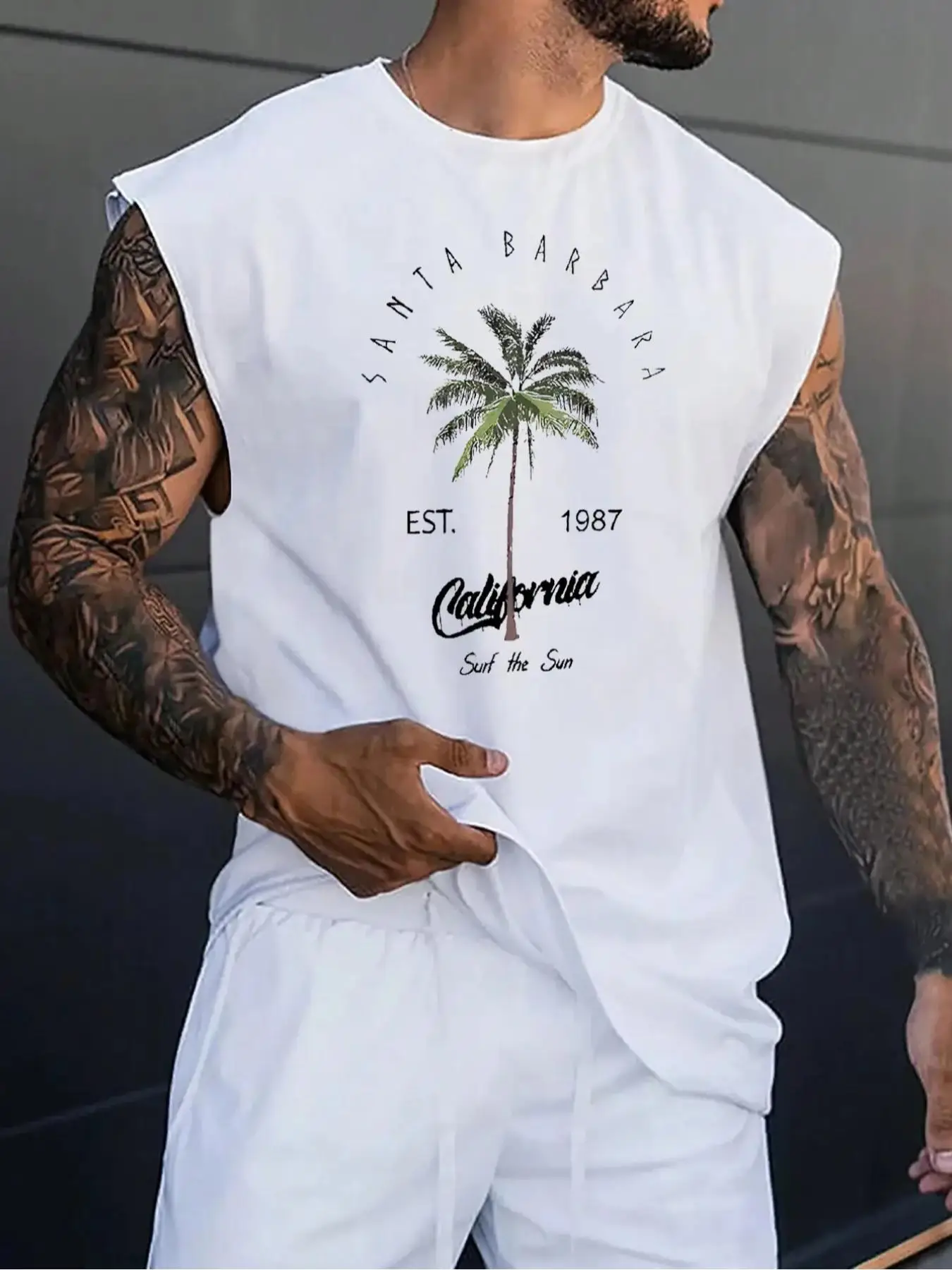 Men's Regular Fit Letter & Palm Tree Print Round Neck Sleep Tee, Casual Soft Comfortable Sleeveless Sleep Top For Daily Wear, Sleepwear For All Season