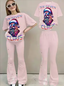 Vintage Cyberpunk Santa Claus Light Full-Print Set, Trendy Kids Short Sleeve + Bell Bottoms, Teen Two-Piece