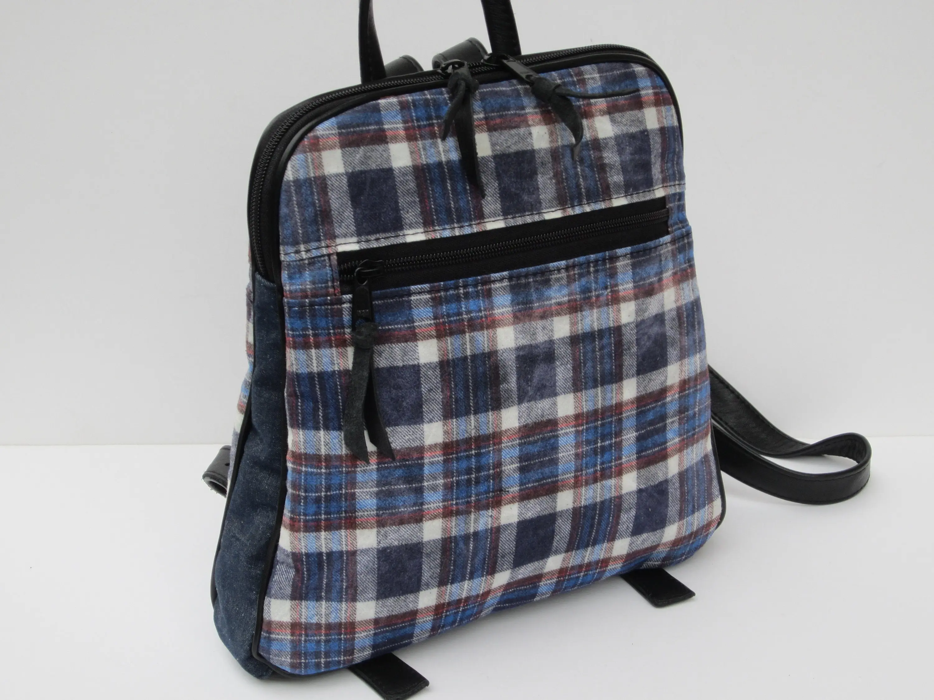 Waxed Flannel Backpack, Cute Blue Plaid Print, Purse Backpack, Waxed Cotton Daypack, Medium, Genuine Black Leather Trim