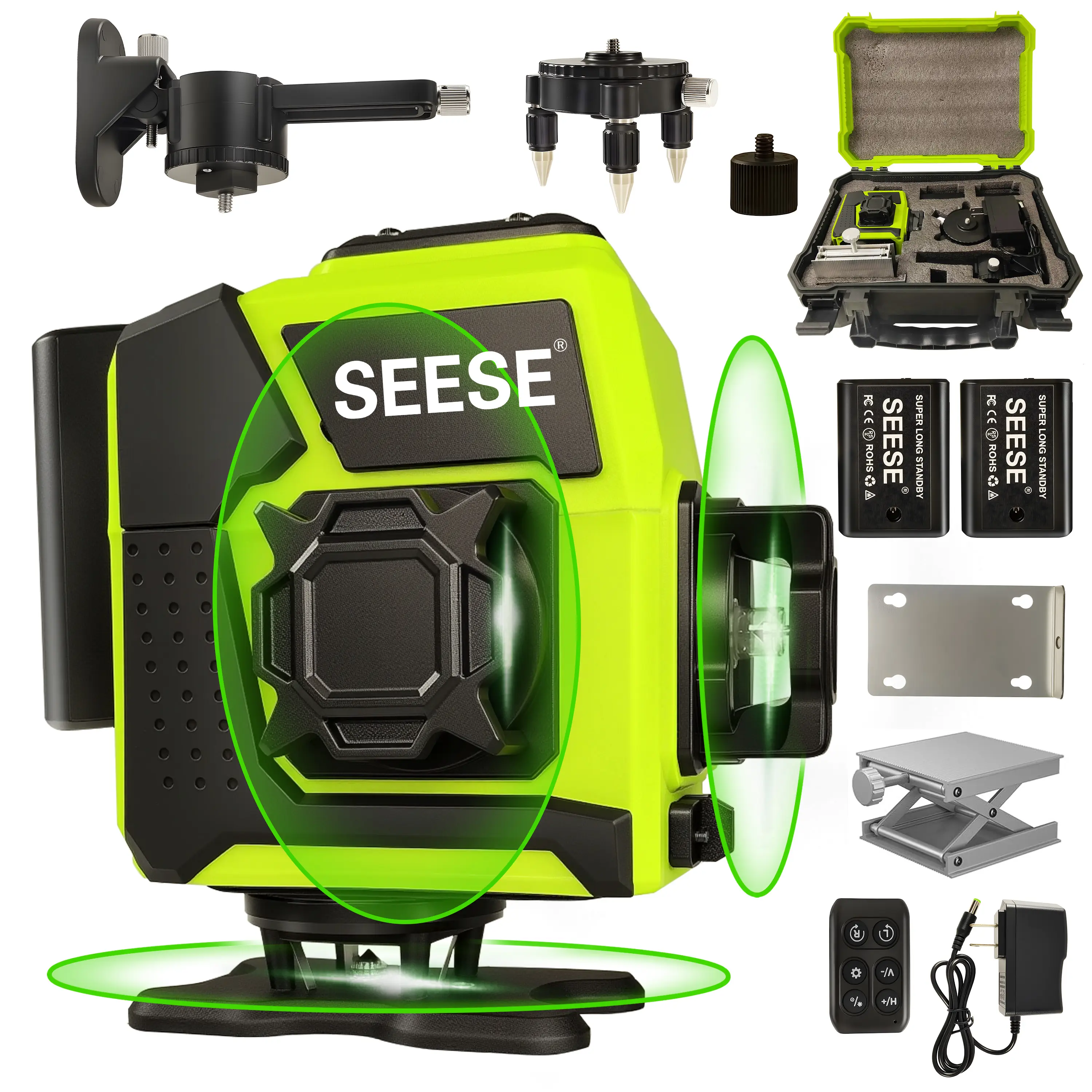 【TikTokShopfalldealsforyou】SEESE 12-Line Green Laser Level 3x360° Self-Leveling, Remote Control, Dual Batteries, Full Accessories for Tile, Cabinet &