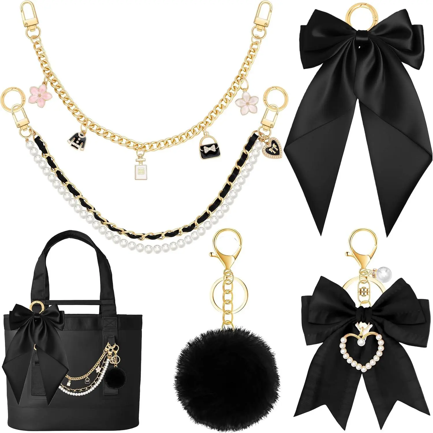 5PCS Girly Purse Accessories, Decorative Key Charms & Pendants with Satin Bow, Faux Fur Pom Pom, Pearl & Gold Chains for Women's Totes & Handbags, Charms For Bags, Bag Chains And Charms