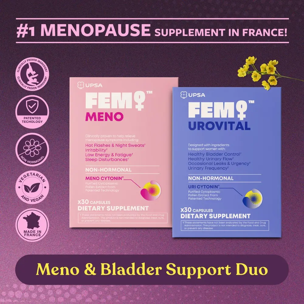 UPSA FEM Meno & Bladder Support Dietary Supplement (2 Packs) - Non-Hormonal, Clinically Tested, Vegan, Non-GMO, Menocytonin-Infused, Made in France, for Hot Flashes, Urinary Leaks