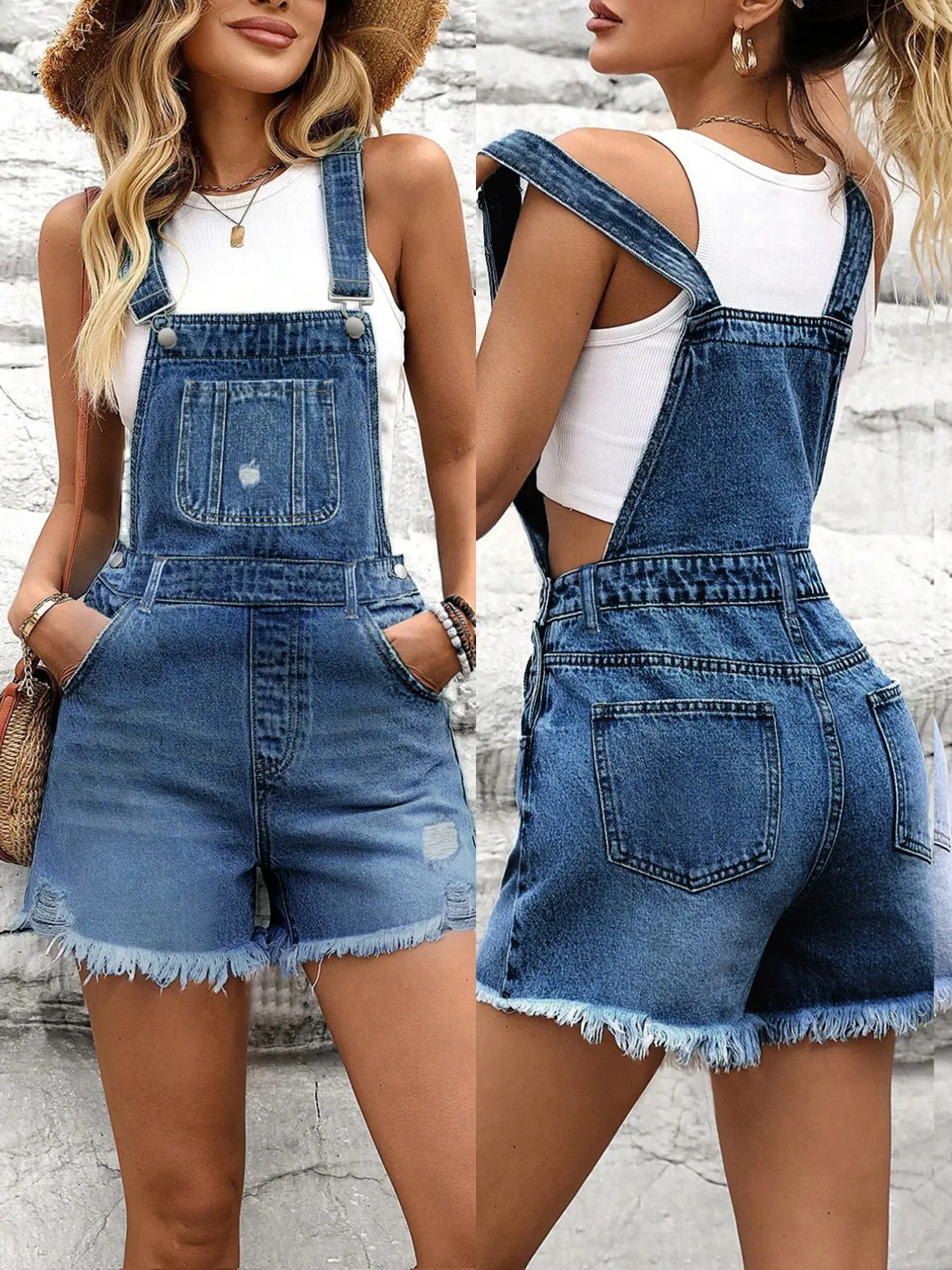 Blue Washed Ripped Edge Lightweight Denim Jean Bib Shorts, High Waist Loose Straight Leg Overall Sleeveless, Summer Casual Versatile Style, Slim-Fitting Jeans, Casual Denim Overalls, Womenswear