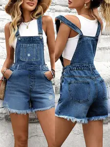 Blue Washed Ripped Edge Jean Bib Shorts, Loose Straight Leg Overall, Summer Casual Versatile Style, Slim-Fitting Jeans