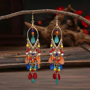 Fashionable Bohemian long tassel bead earrings, vintage elegant vacation style headwear for women