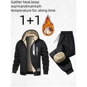 Men's 2-piece warm jacket and pants set, winter thermal sports outfit with hooded jacket and sweatpants, ideal for outdoor activities in cold autumn and winter weather, perfect gift