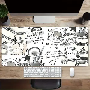 Large Cute Cat Music Animal Keyboard Mouse Pad, Non-Sponge Rubber, Stitched Edge, Anti-Slip, 35.4x15.7 Inches, for Gaming and Office Use
