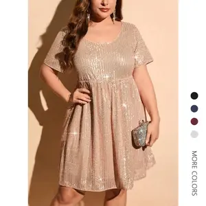 Danedvi Women's Plus-Size Soft Feminine Sequin Mini Dress - Short-Sleeve, Scoop Neck, Pleated A-Line, Comfortable, Fits for Ballet Cocktail Parties, Pair with Earrings, Jacket, Blazer Formal Attire,summervibes