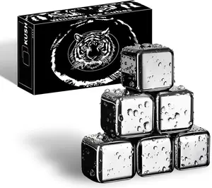 6 Small  Stones - Man  Set -  Stainless Steel Metal Ice Sphere Cubes Beverage Chilling Rocks  Stones for Red , Bar , ,  Drinks -